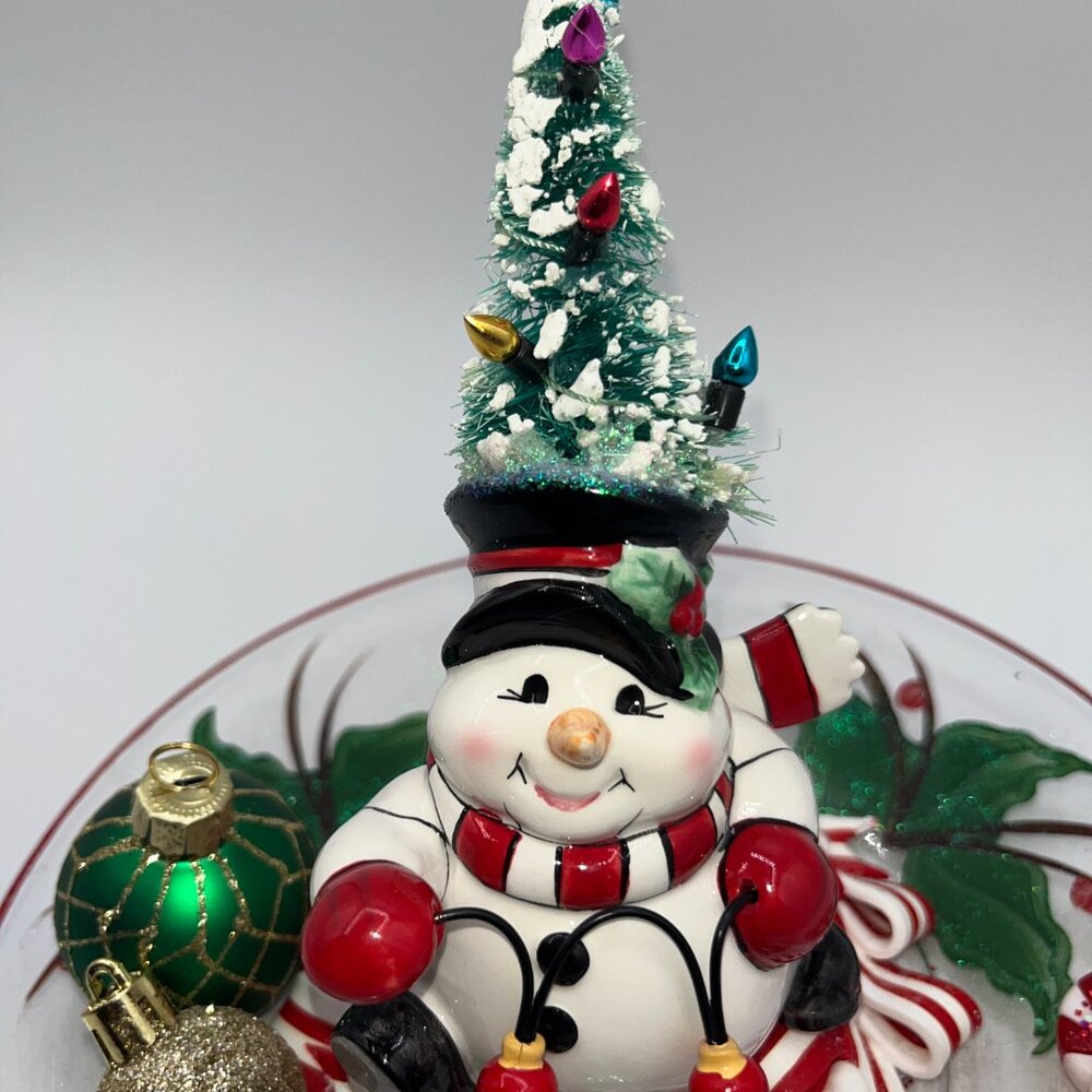 Vintage Ceramic Snowman With Bottle Brush Tree String Light Hat Candy Cane OOAK - Picture 11 of 16